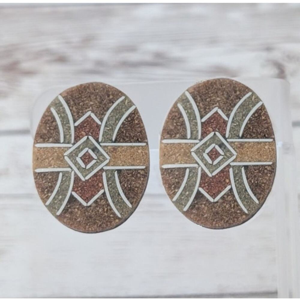 Vintage Clip On Earrings Large Oval Shape with Unusual Design Statement 1.25"